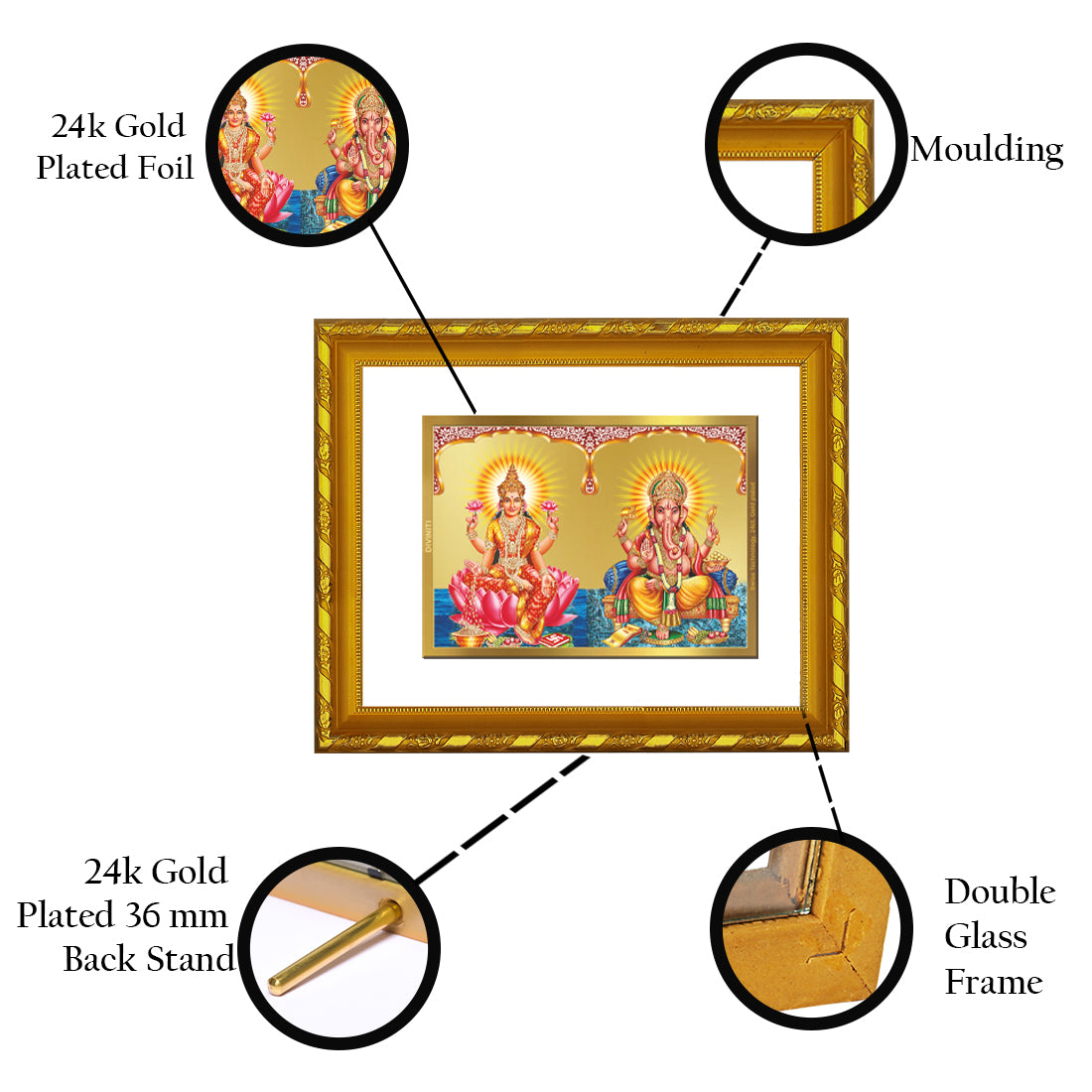 DIVINITI 24K Gold Plated Lakshmi Ganesha Wooden Premium Photo Frame Idol for Wall Hanging, Workshop, Table Top, Home Decor, Luxury Gift | DG103 Size 2 (22.6x18.4 CM)