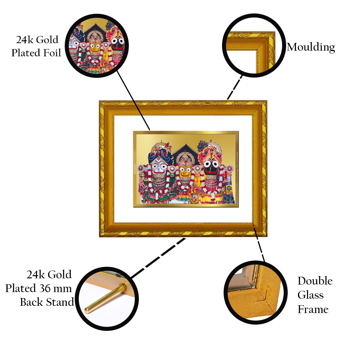 DIVINITI 24K Gold Plated Foil Lord Jagannath Modern Photo Frame for Wall Hanging, Workshop, Tabletop, Home Decor, Gift|DG103 Size 2 (22.6x18.4 CM)