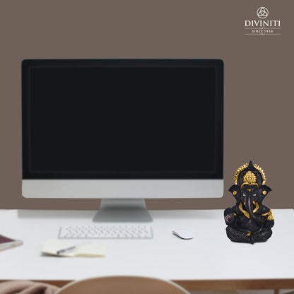 Diviniti 24K Gold Plated Resin Lord Ganesha Idol for Car Dashboard Tabletop For Home Decor Mandir Puja Gift Matte BlacK (8.4x4.2cm)