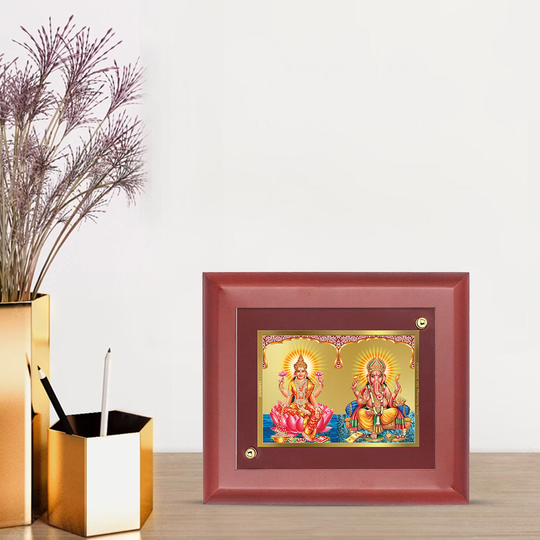 Diviniti 24K Gold Plated Foil Laxmi Ganesha Photo Frame for Home Decor, Wall Hanging, Office Table, Gift MDF Size 1 (16x13 CM)