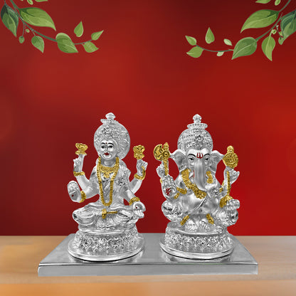 Diviniti 999 Silver Laxmi Ganesh Idol Statue Divine Emblem of Prosperity and Good Fortune for Home Office Décor, Tabletop, Puja Room Gift (10x6.5 CM)