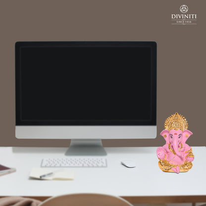 Diviniti 24K Gold Plated Resin Lord Ganesha Idol for Car Dashboard Tabletop for Home Decor Mandir Puja Gift Baby Pink (8.4x4.2cm)