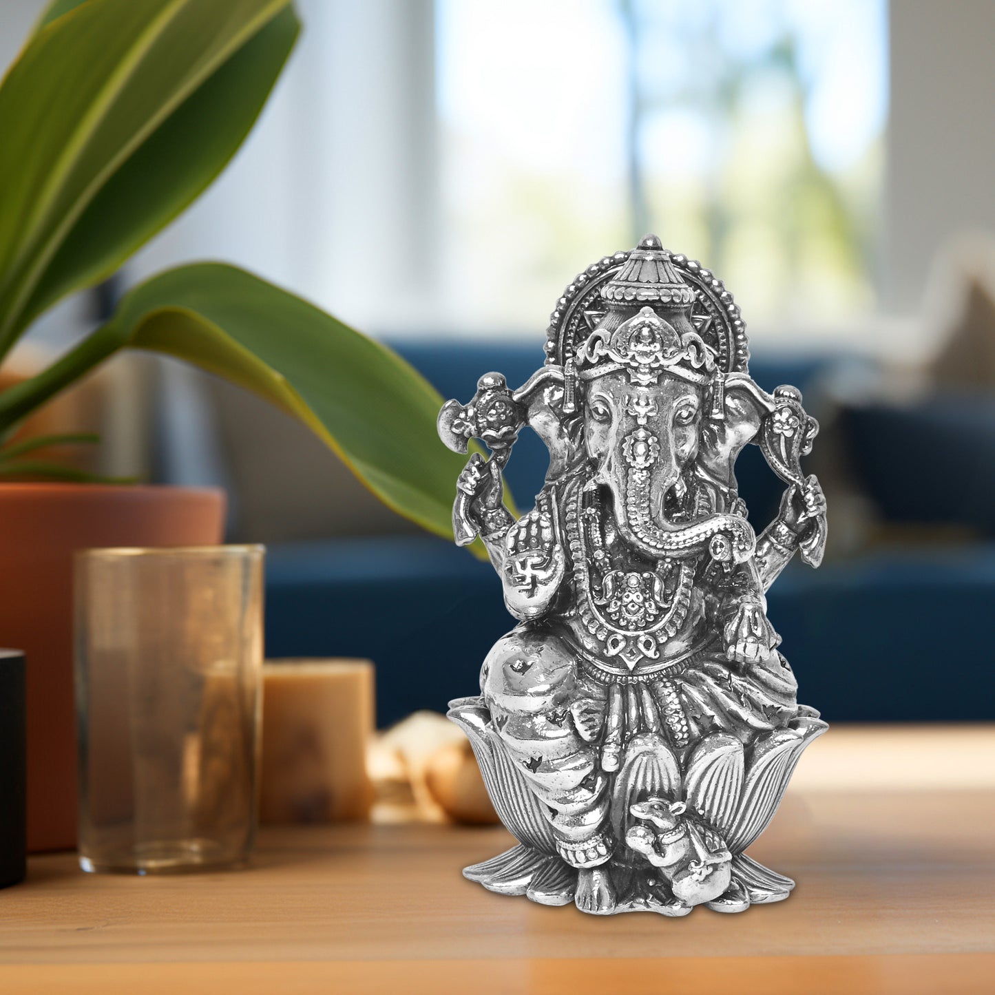 Diviniti 925 Pure Silver Ganesha Idol Statue Exquisite Craftsmanship for Blessings and Abundance for Home Office Décor, Tabletop, Puja Room Gift (6x6.2 CM, 62g)