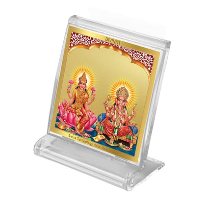 Diviniti 24K Gold Plated Laxmi Ganesha Acrylic Frame for Car Dashboard, Home Decor, Tabletop, Puja Room, Festival Gift ACF3A (5.8x4.8 CM)