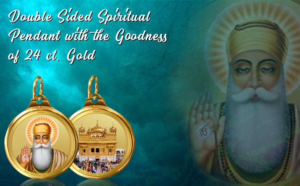 Diviniti 24K Gold Plated Guru Nanak & Golden Temple 18MM Double Sided Pendant For Men, Women & Kids