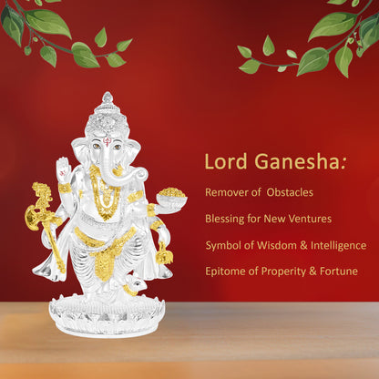 Diviniti 999 Silver Plated Ganesh Ji Idol Statue Exquisite Spiritual Blessing for Home, Office & Pooja Room Gift (19.5x13 CM)