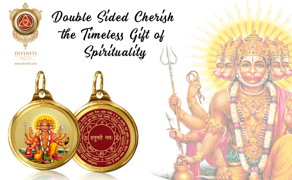 Diviniti 24K Gold Plated Lord Panchmukhi Hanuman & Yantra 28MM Double Sided Pendant For Men, Women & Kids