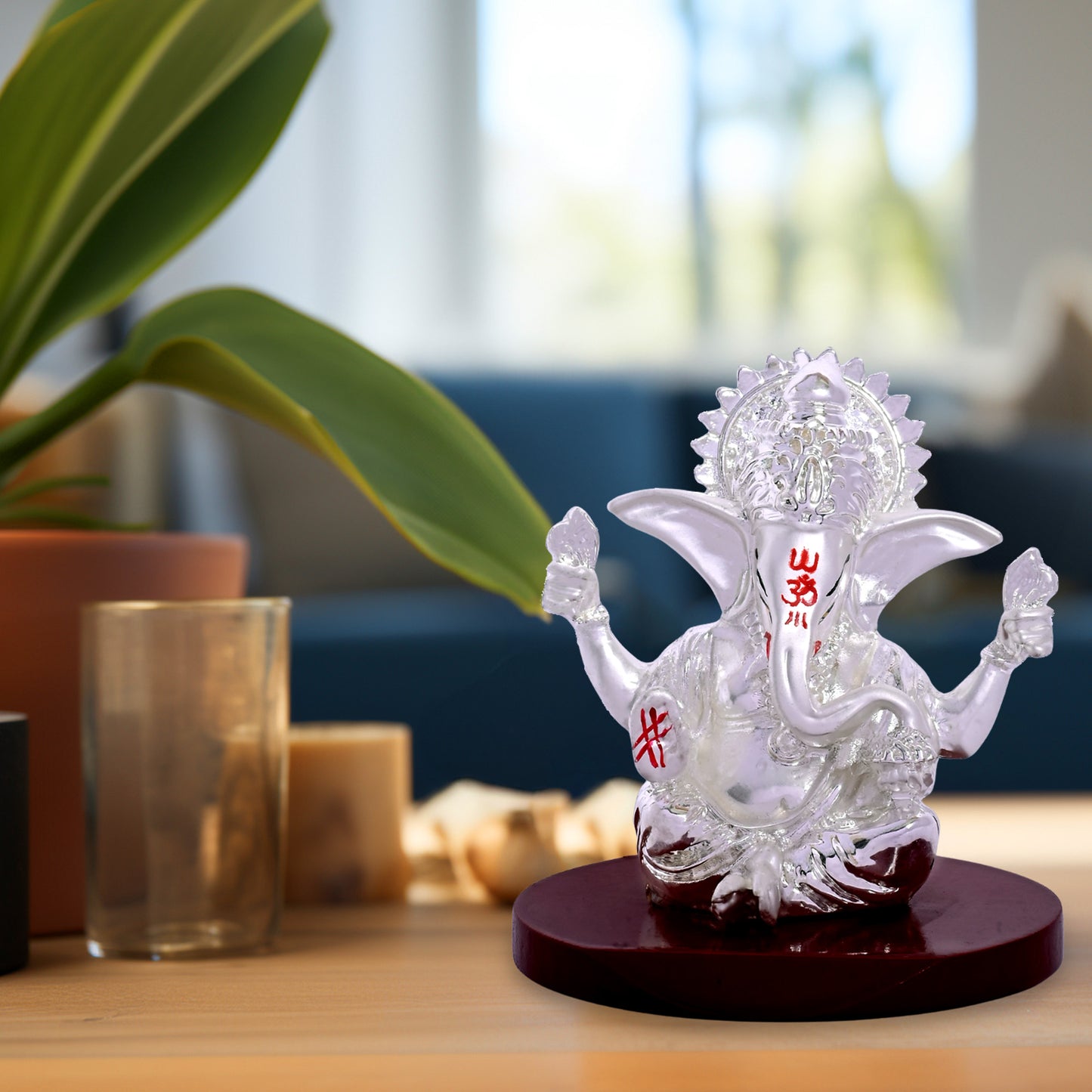 DIVINITI 999 Silver Plated Four-Hand Ganesh Idol Statue Divine Symbol of Prosperity and Protection for Home Office Décor, Tabletop, Puja Room Gift (6x6 CM)