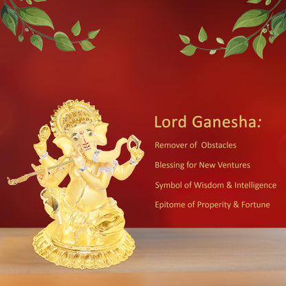 Diviniti 24K Gold Plated Lord Ganesha Idol Statue Elegant Spiritual Décor for Home & Office Pooja Room Accent Gift (15.5x14 CM)