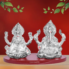 Load image into Gallery viewer, DIVINITI 999 Silver Plated Laxmi Ganesh Ji Idol Statue Radiant Symbol of Wealth and Wisdom for Home Office Décor, Puja Room, Tabletop Gift (6x5 CM)
