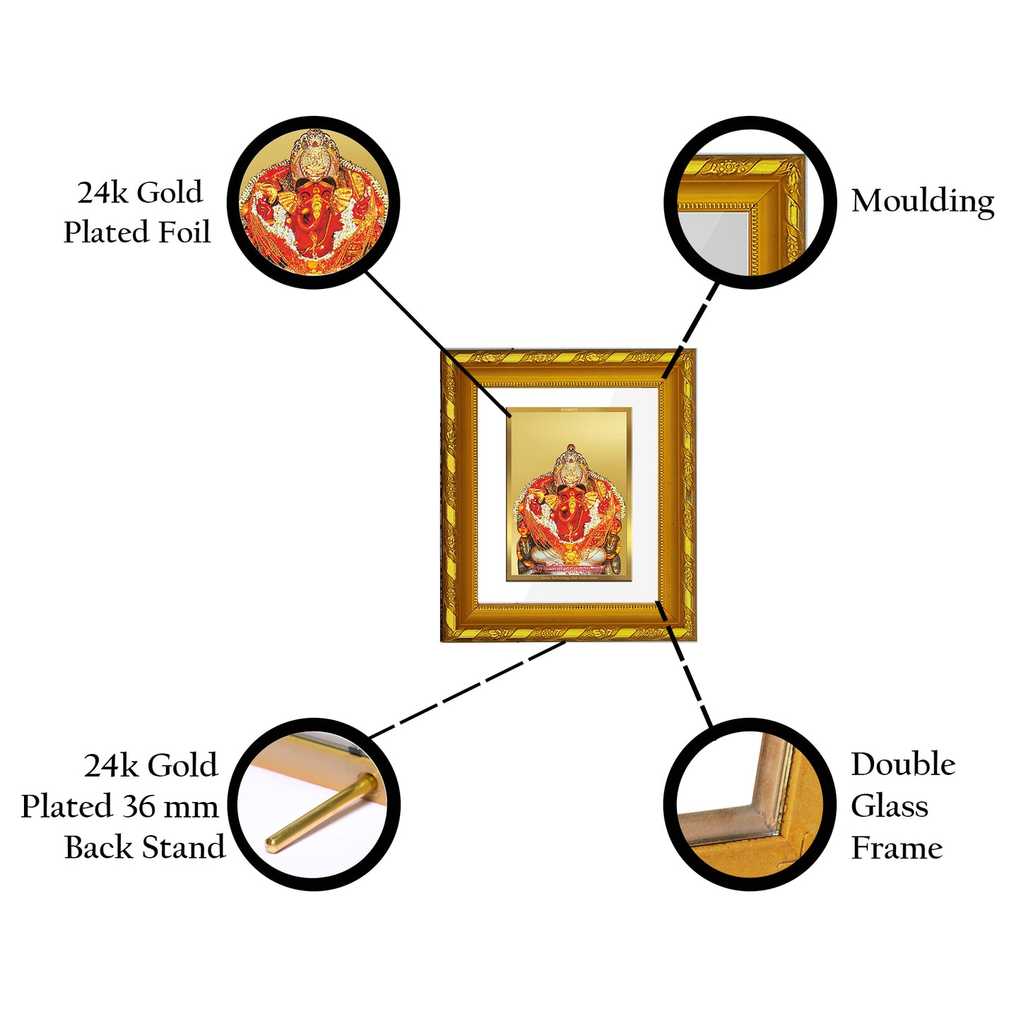 DIVINITI 24K Gold Plated Foil Siddhivinayak Photo Frame for Home Decor, Festive Gift, Puja DG 103 Size 1 (15.3x14.9 CM)