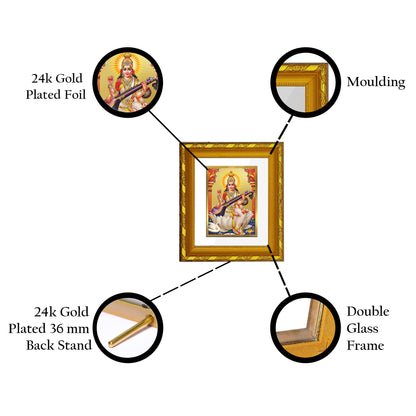 DIVINITI 24K Gold Plated Foil Saraswati Mata Wall Photo Frame for Home Decor, Office, Gift DG 103 Size 1 (15.3x14.9 CM)