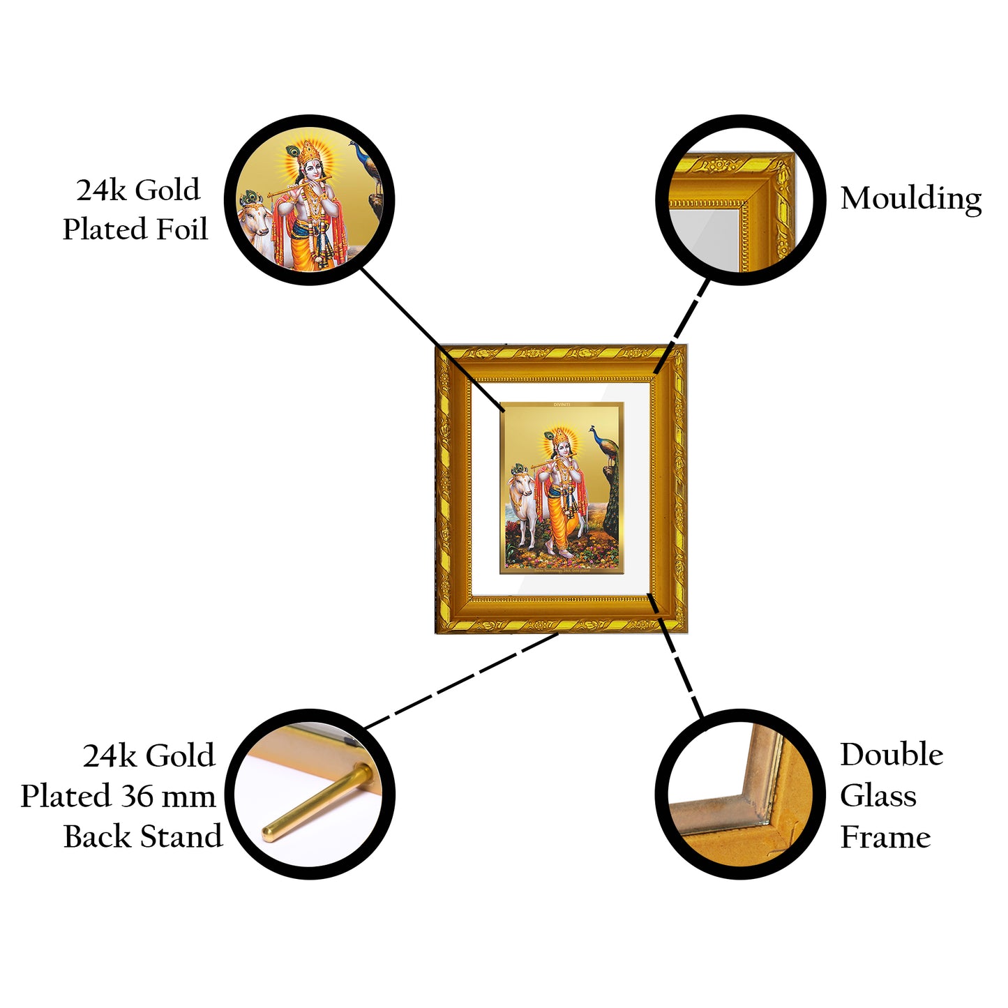 DIVINITI 24K Gold Plated Foil Lord Krishna Wall Photo Frame for Home Decor, Festival Gift DG 103 Size 1 (15.3x14.9 CM)