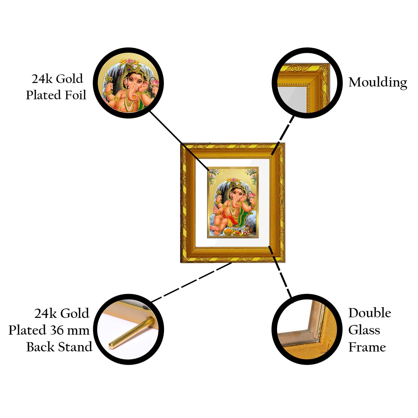 DIVINITI 24K Gold Plated Foil Bal Ganesha Photo Frame for Home Wall Decor, Festival Gift DG 103 Size 1 (15.3x14.9 CM)