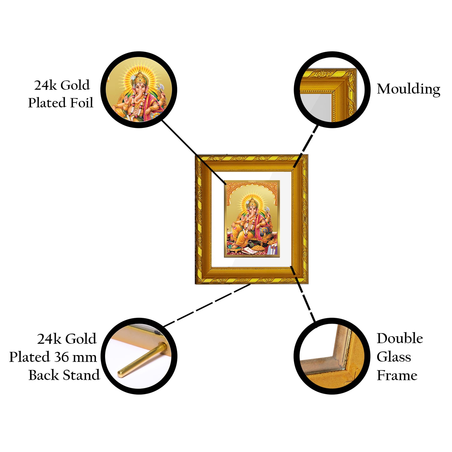 DIVINITI 24K Gold Plated Foil Lord Ganesha Photo Frame for Home Wall Decor, Success, Luck DG 103 Size 1 (15.3x14.9 CM)