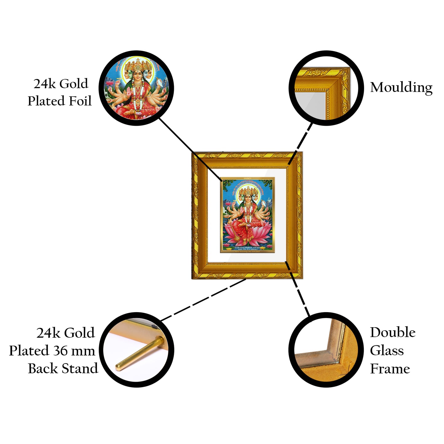 DIVINITI 24K Gold Plated Foil Goddess Gayatri Photo Frame for Home Decor, Festival Gift DG 103 Size 1 (15.3x14.9 CM)