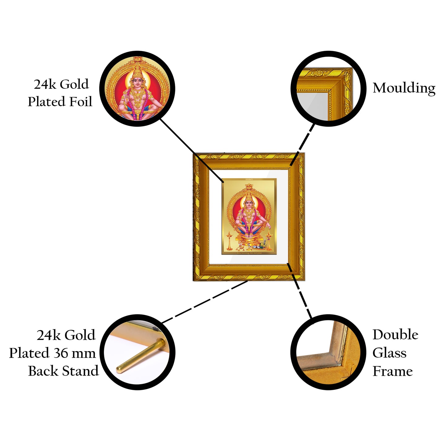 DIVINITI 24K Gold Plated Ayyappan Photo Frame For Home Wall Decor, Puja Room, Gift  DG 103 S1 (15.3x14.9 CM)