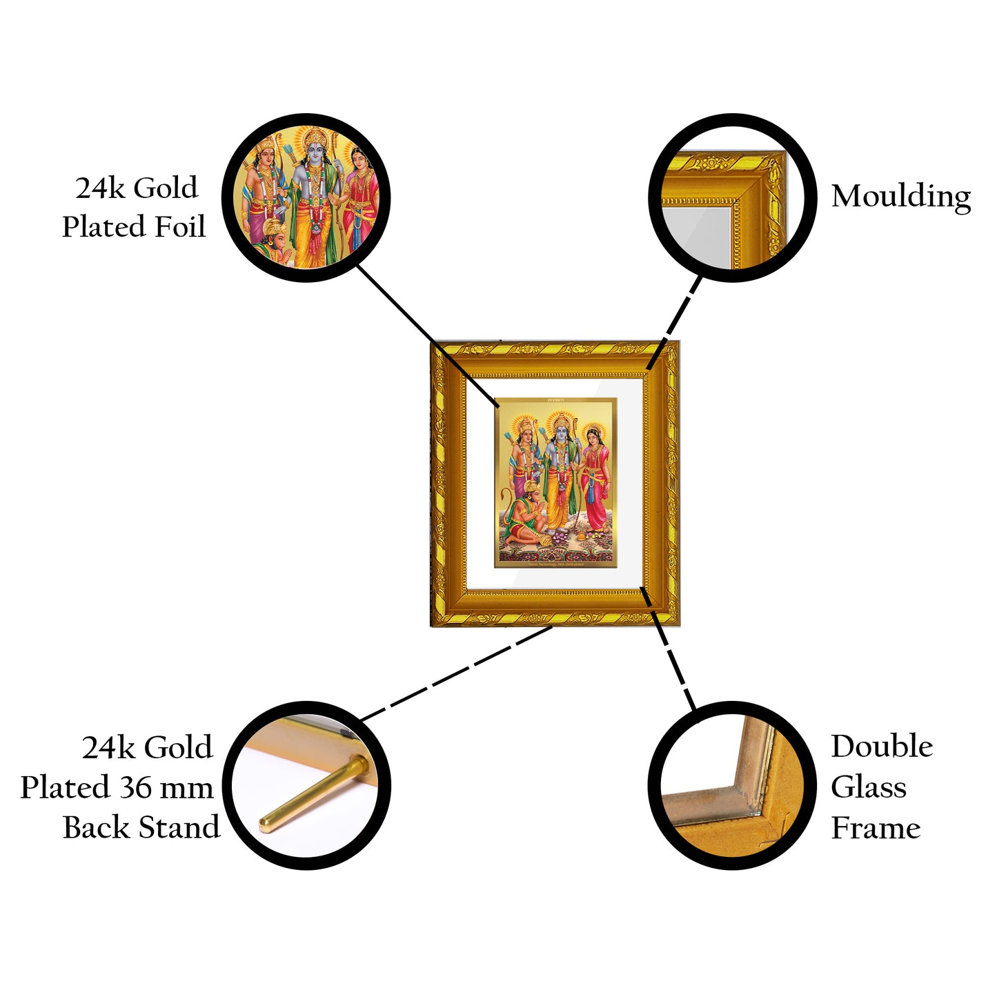 DIVINITI 24K Gold Plated Foil Ram Darbar Photo Frame for Home Wall Decor, Festival Puja DG 103 Size 1 (15.3x14.9 CM)