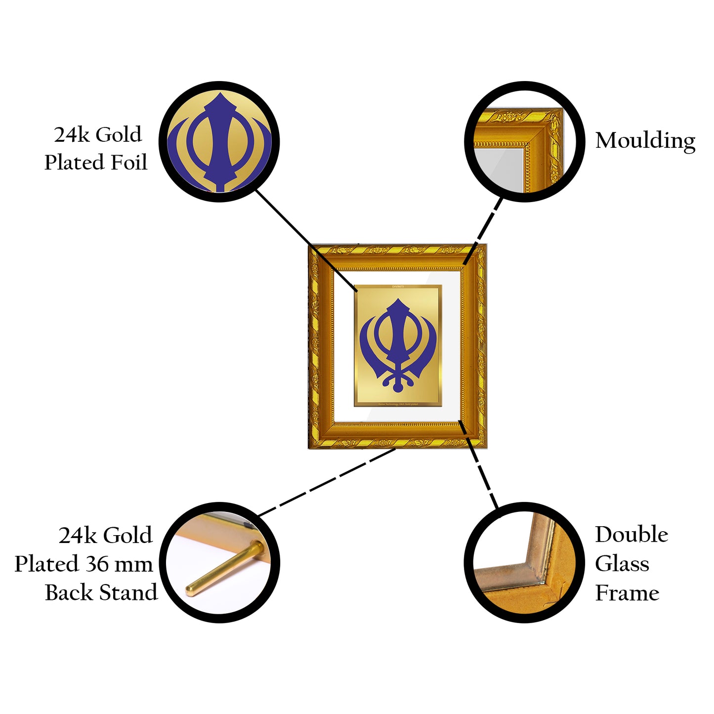 DIVINITI 24K Gold Plated Foil Khanda Sahib Photo Frame for Living Room Decor, Worship, Gift DG 103 Size 1 (15.3x14.9 CM)