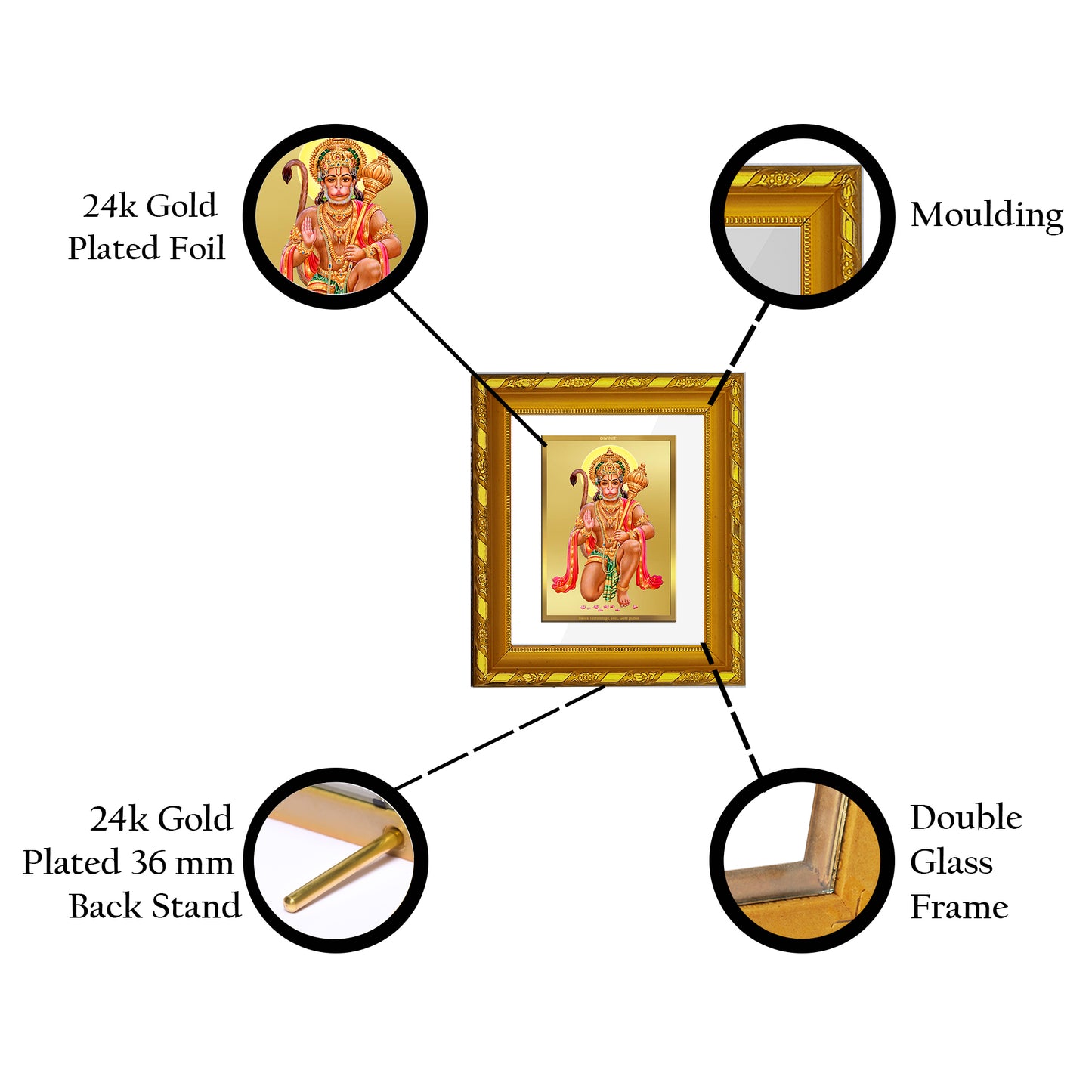 DIVINITI 24K Gold Plated Foil Lord Hanuman Photo Frame for Home Wall Decor, TableTop, Puja DG 103 Size 1 (15.3x14.9 CM)