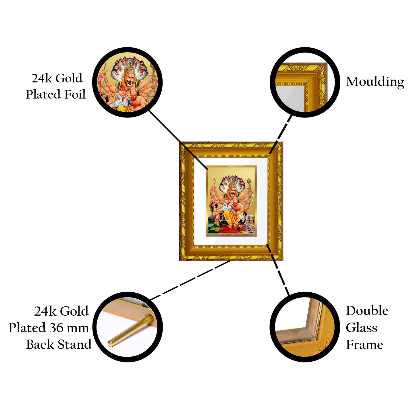 DIVINITI 24K Gold Plated Foil Narsimha Wall Photo Frame for Home Decor, TableTop, Puja DG 103 Size 1 (15.3x14.9 CM)