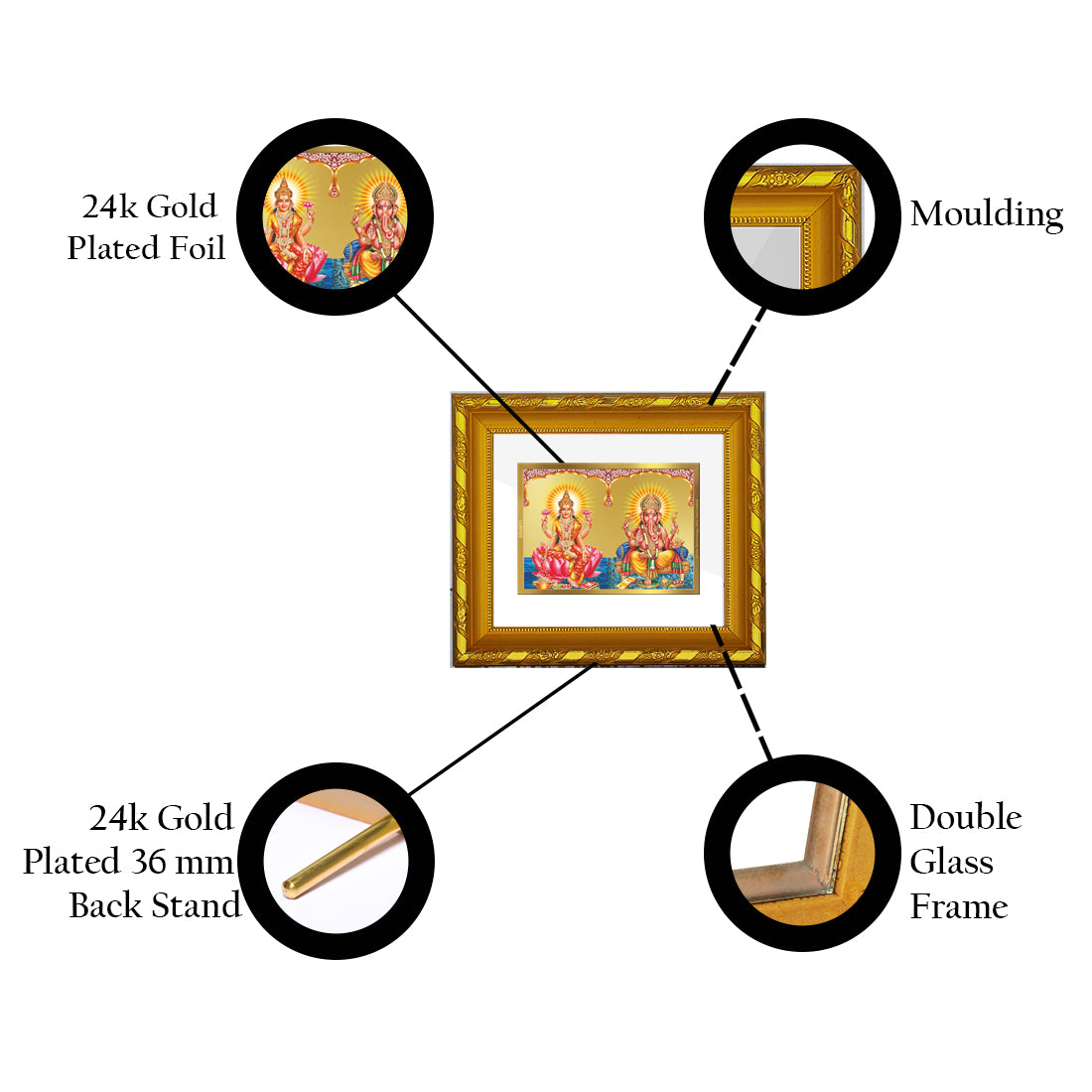 DIVINITI 24K Gold Plated Foil Lakshmi Ganesha Photo Frame for Home Decor, TableTop, Puja Room DG 103 Size 1 (15.3x14.9 CM)