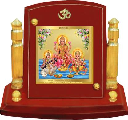 Diviniti 24K Gold Plated Foil Lakshmi Ganesha Saraswati Photo Frame for Car Dashboard, Home Decor, Tabletop, Puja Room, Showpiece and Gift  MDF1BP+ (6.5x5.5 CM)