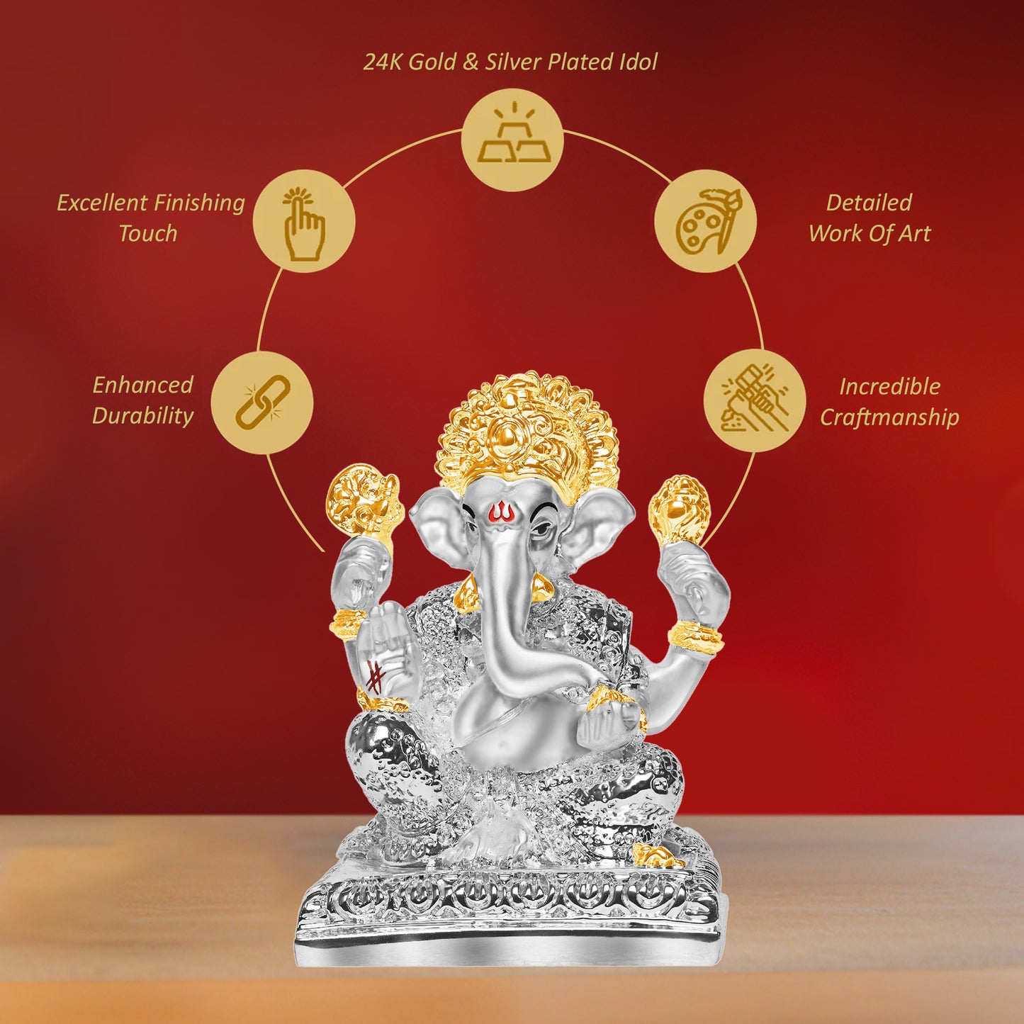 Diviniti 999 Silver Plated Ganpati Idol Statue Divine Symbol of Wisdom and Prosperity for Home Office Décor, Puja Room, Tabletop Gift (10x7.5 CM)