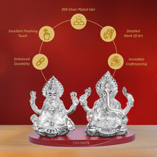 Load image into Gallery viewer, DIVINITI 999 Silver Plated Laxmi Ganesh Ji Idol Statue Radiant Symbol of Wealth and Wisdom for Home Office Décor, Puja Room, Tabletop Gift (6x5 CM)
