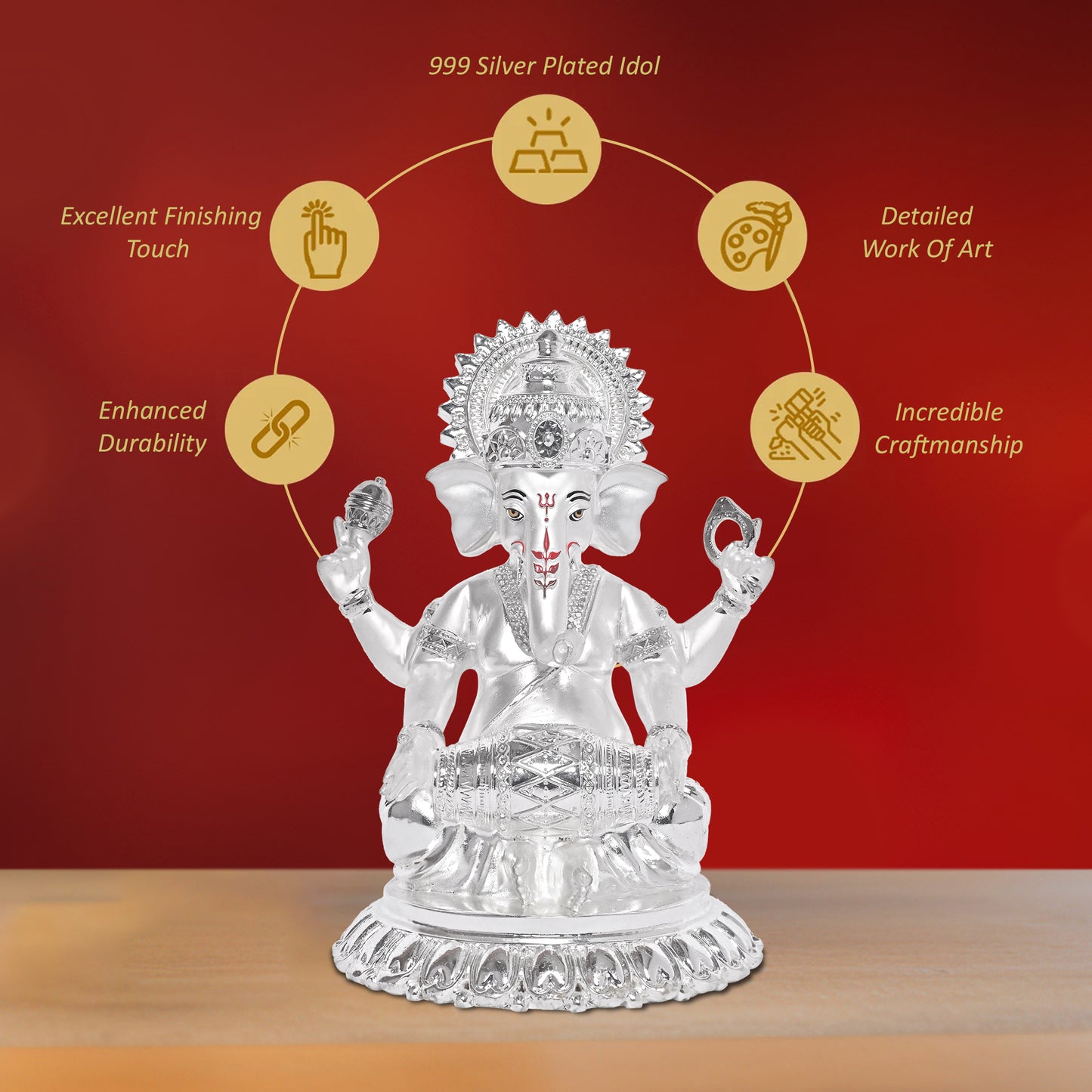 DIVINITI 999 Silver Plated Ganesh Idol Statue Radiate Prosperity and Blessings for Home Office Décor Puja Room Gift (15x12 CM)