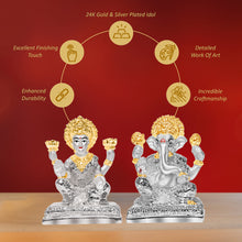 Load image into Gallery viewer, DIVINITI 999 Silver Plated Laxmi Ganesh Idol Statue Exquisite Symbol of Fortune and Blessings for Home Office Décor, Tabletop, Puja Room Gift (10x7.5 CM)
