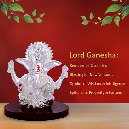 DIVINITI 999 Silver Plated Four-Hand Ganesh Idol Statue Divine Symbol of Prosperity and Protection for Home Office Décor, Tabletop, Puja Room Gift (6x6 CM)