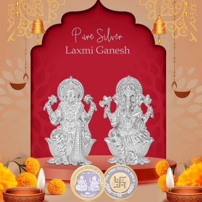 DIVINITI Pure Silver Coin with 24K Gold Plated Laxmi Ganesh and Swastik A Symbol of Wealth and Blessings for Home & Office Décor, Puja Room Diwali Gift (10g)