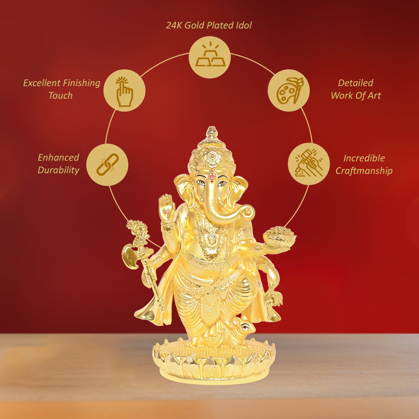 Diviniti 24K Gold Plated Ganesh Ji Idol Statue Exquisite Spiritual Blessing for Home, Office & Pooja Room Gift (19.5x13 CM)