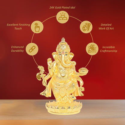 Diviniti 24K Gold Plated Ganesh Ji Idol Statue Exquisite Spiritual Blessing for Home, Office & Pooja Room Gift (19.5x13 CM)