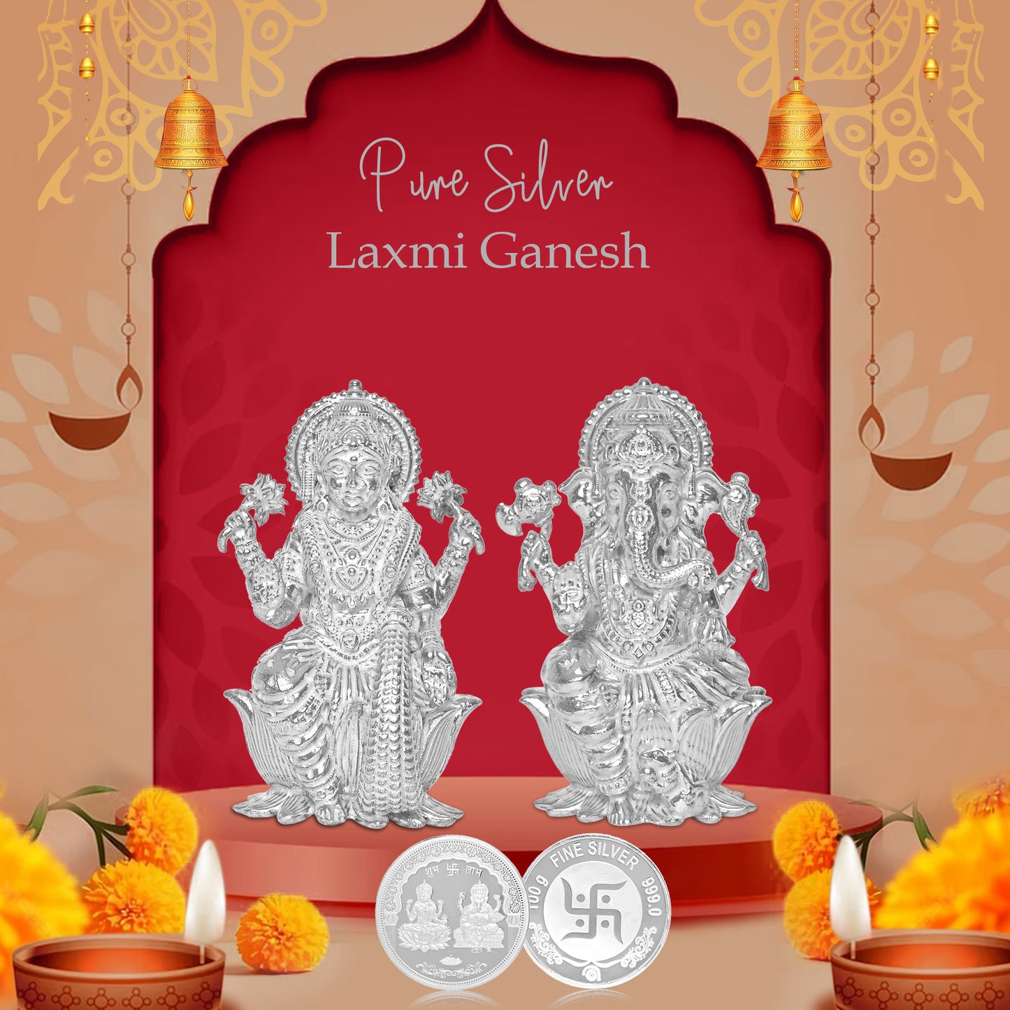 DIVINITI Pure Silver Coin Laxmi Ganesh & Swastik Symbol of Prosperity and Blessings for Home & Office Décor, Puja Room Diwali Gift (100g)