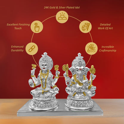 Diviniti 999 Silver Laxmi Ganesh Idol Statue Divine Emblem of Prosperity and Good Fortune for Home Office Décor, Tabletop, Puja Room Gift (10x6.5 CM)