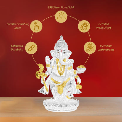 Diviniti 999 Silver Plated Ganesh Ji Idol Statue Exquisite Spiritual Blessing for Home, Office & Pooja Room Gift (19.5x13 CM)