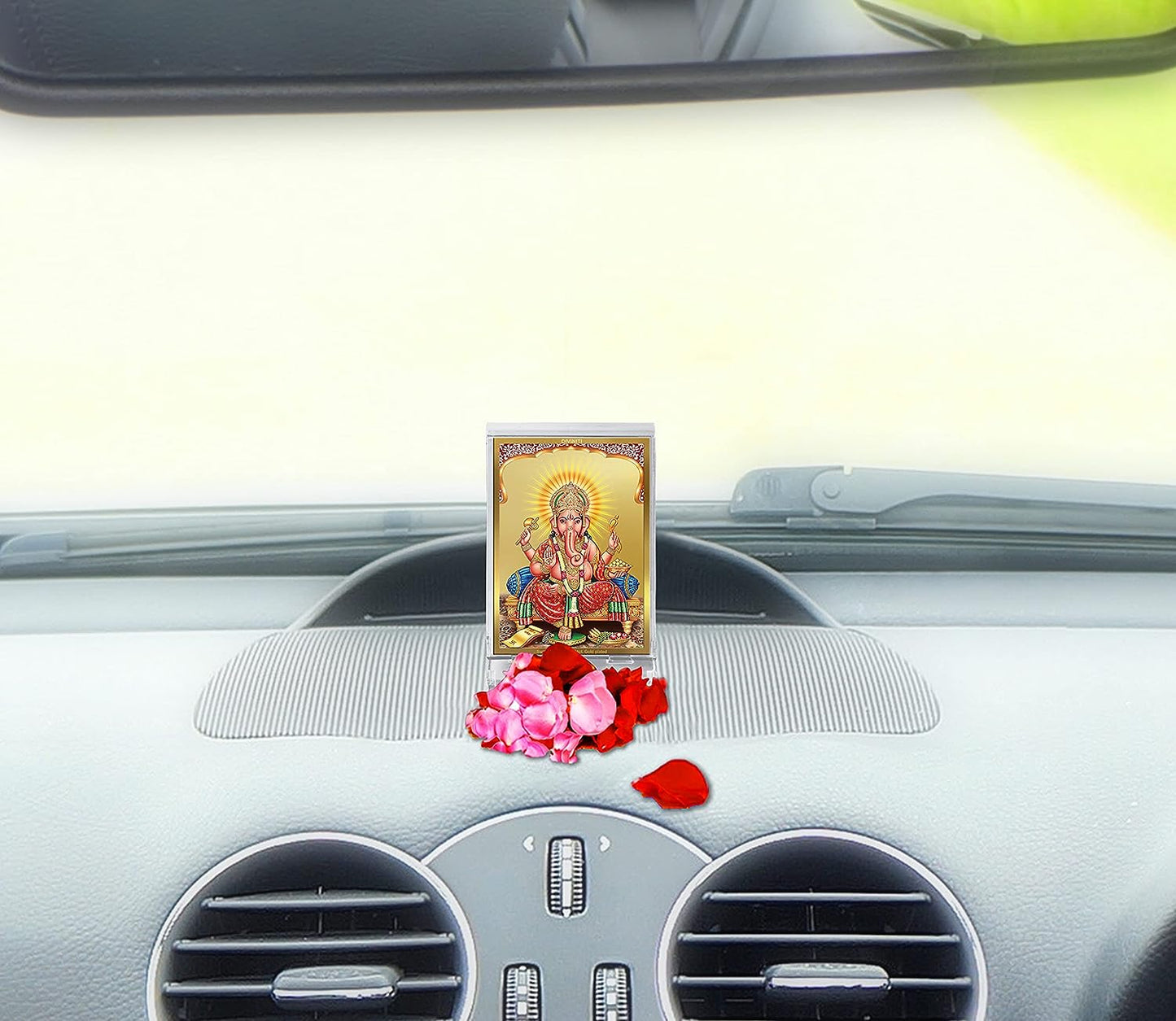 Diviniti 24K Gold Plated Lord Ganesha Frame For Car Dashboard, Home Decor, Tabletop, Puja and Gift (11 x 6.8 CM)