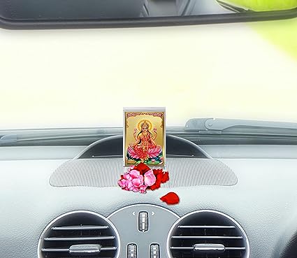 Diviniti 24K Gold Plated Goddess Lakshmi Frame For Car Dashboard, Home Decor, Puja and Gift (11 x 6.8 CM)