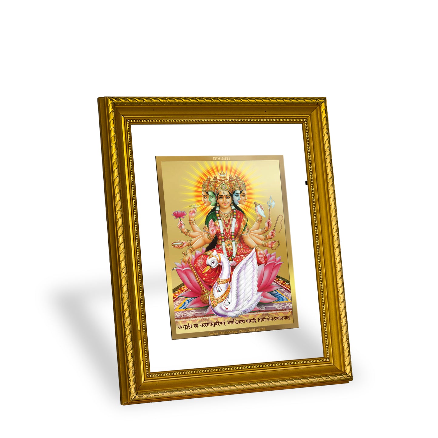 Diviniti 24K Gold Plated Gayatri Mata Wooden Wall Photo Frame for Home & Office Decor, Tabletop, Puja Room, Gift DG056S2.5 (29.5x24.5 CM)