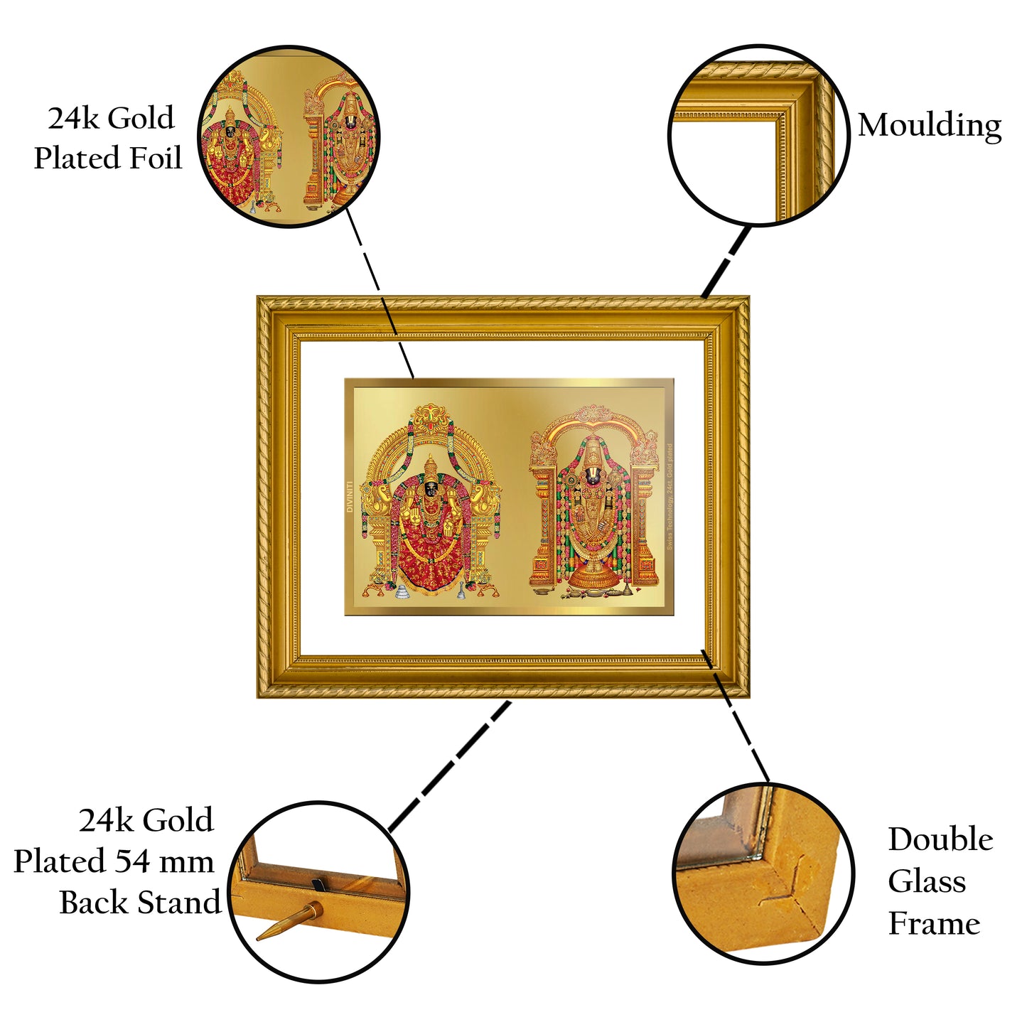 Diviniti 24K Gold Plated Padmavati Balaji Wooden Photo Frame for Home & Office Decor, Wall Hanging, Tabletop, Puja Room, Gift DG056S2.5 (29.5x24.5 CM)