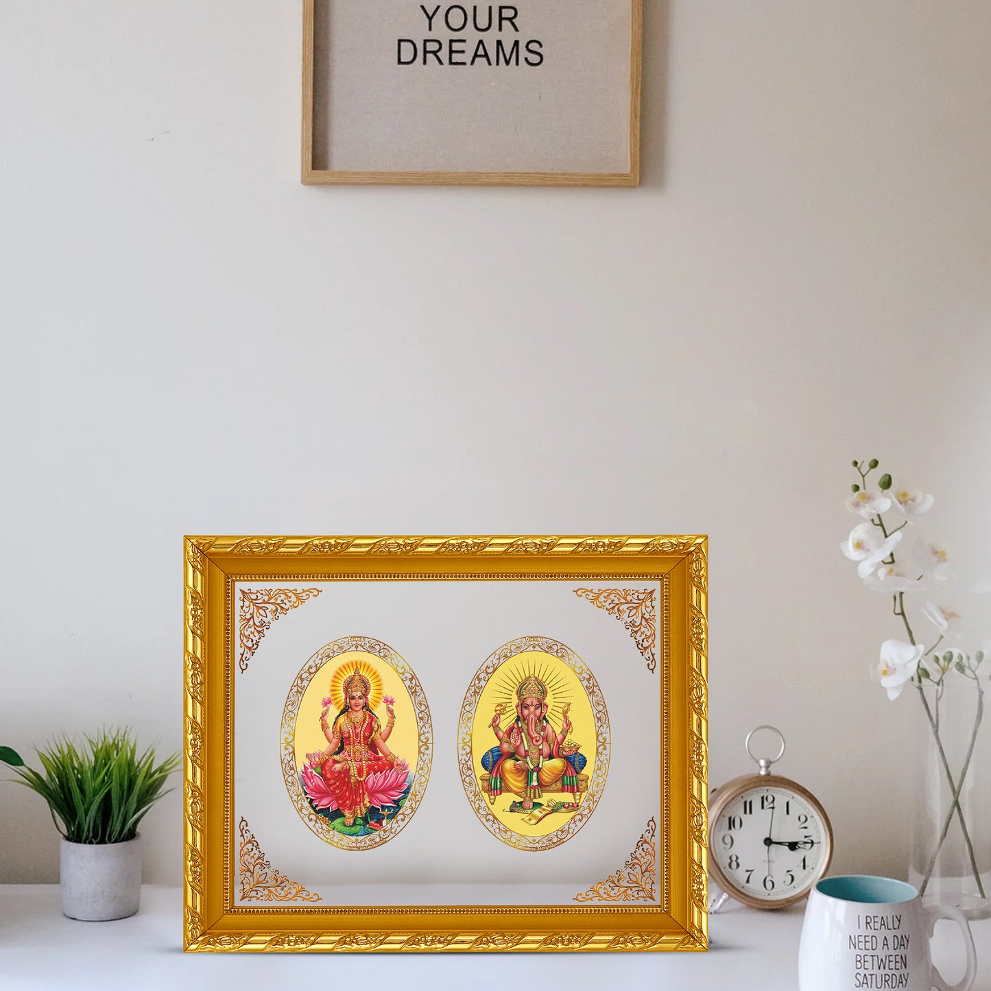 Diviniti 24K Gold Plated Foil Laxmi Ganesha Photo Frame for Home Decor, Wall Hanging, Office Table, Gift DG103 Size 3 (35.4x27.6 CM)