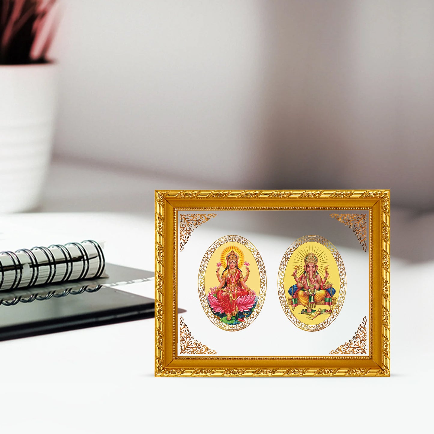 Diviniti 24K Gold Plated Foil Laxmi Ganesha Photo Frame for Home Decor, Wall Hanging, Office Table, Gift DG103 Size 3 (35.4x27.6 CM)