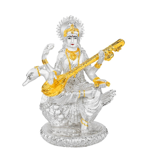 DIVINITI 999 Silver Double Tone Plated Saraswati Mata Idol Statue Embody Wisdom and Divine Inspiration for Home Office Décor, Tabletop, Puja Room Gift (21x18 CM)