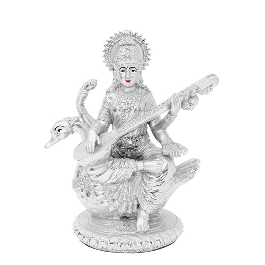 DIVINITI 999 Silver Plated Saraswati Mata Idol Statue Embody Wisdom and Divine Inspiration for Home Office Décor, Tabletop, Puja Room Gift (21x18 CM)