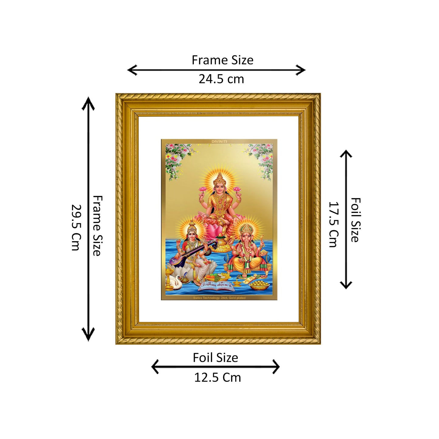 Diviniti 24K Gold Plated Lakshmi Ganesha Saraswati Wooden Photo Frame for Home & Office Decor, Wall Hanging, Tabletop, Puja Room, Gift DG056S2.5 (29.5x24.5 CM)