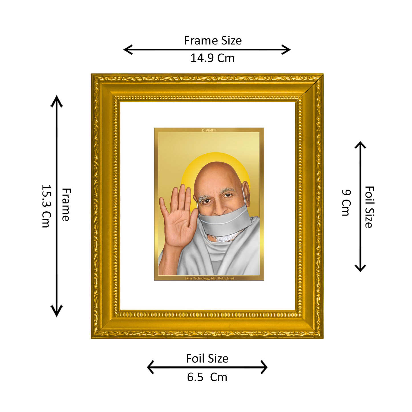 DIVINITI 24K Gold Plated Foil Acharya Tulsi Wall Photo Frame Religious Photo Frame Idol for Home & Office Decor Prayer, Gifts Items DG 101 Size 1 (15.3x14.9 CM)