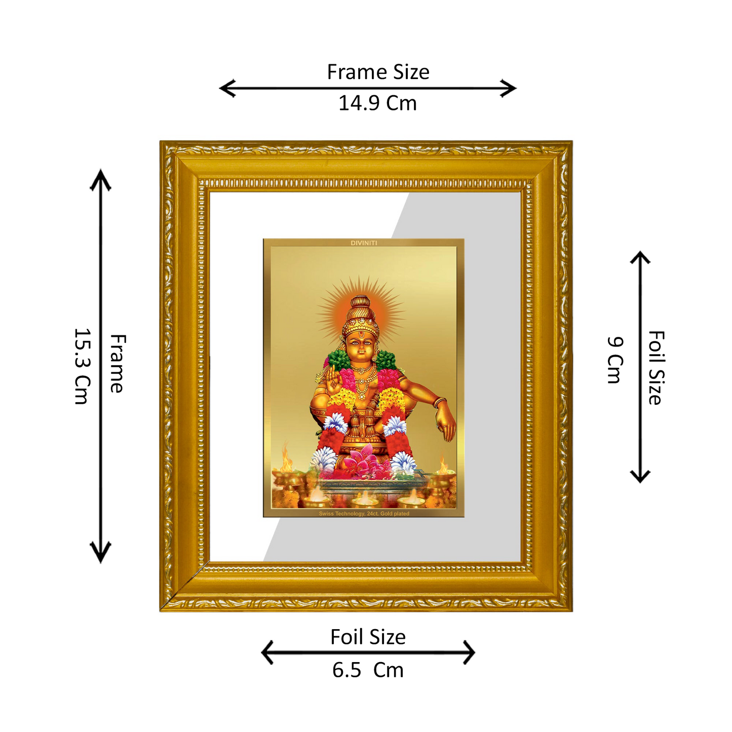 DIVINITI 24K Gold Plated Foil Ayyappan Wall Photo Frame Religious Photo Frame Idol for Home & Office Decor Prayer, Gifts Items DG 101 Size 1 (15.3x14.9 CM)