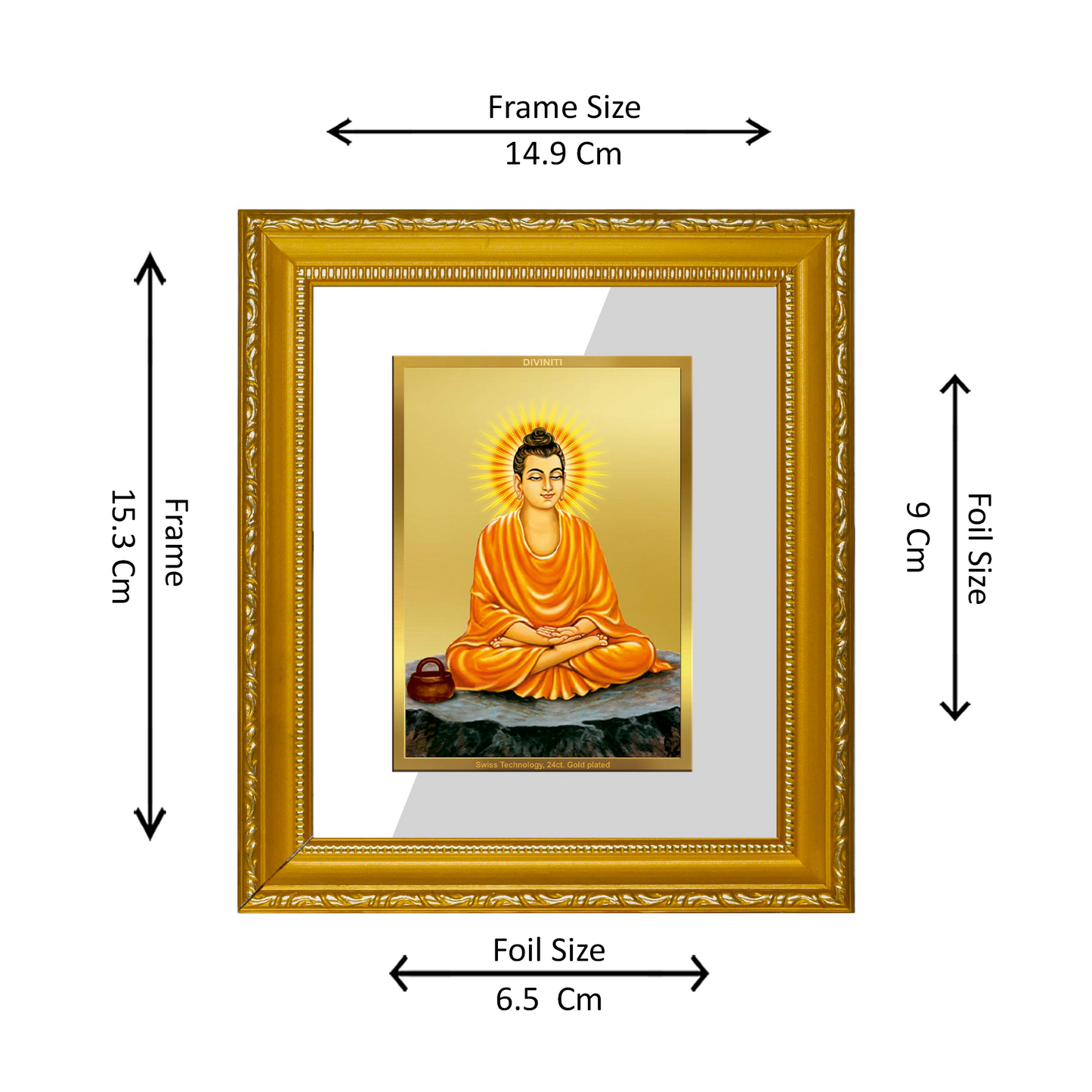 DIVINITI 24K Gold Plated Foil Buddha Wall Photo Frame Religious Photo Frame Idol for Home & Office Decor Prayer, Gifts Items DG 101 Size 1 (15.3x14.9 CM)